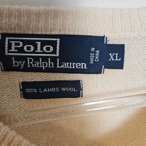 Vintage Polo Ralph Lauren100% Lambswool V-neck Long Sleeve Sweater Mens Cream Si - Picture 2 of 4